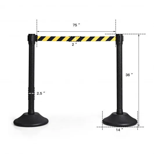2 Pcs Stanchion Post Crowd Control Barriers Queue Pole w/Retractable Belt-Yellow