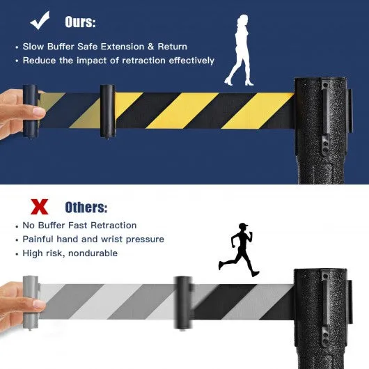 2 Pcs Stanchion Post Crowd Control Barriers Queue Pole w/Retractable Belt-Yellow