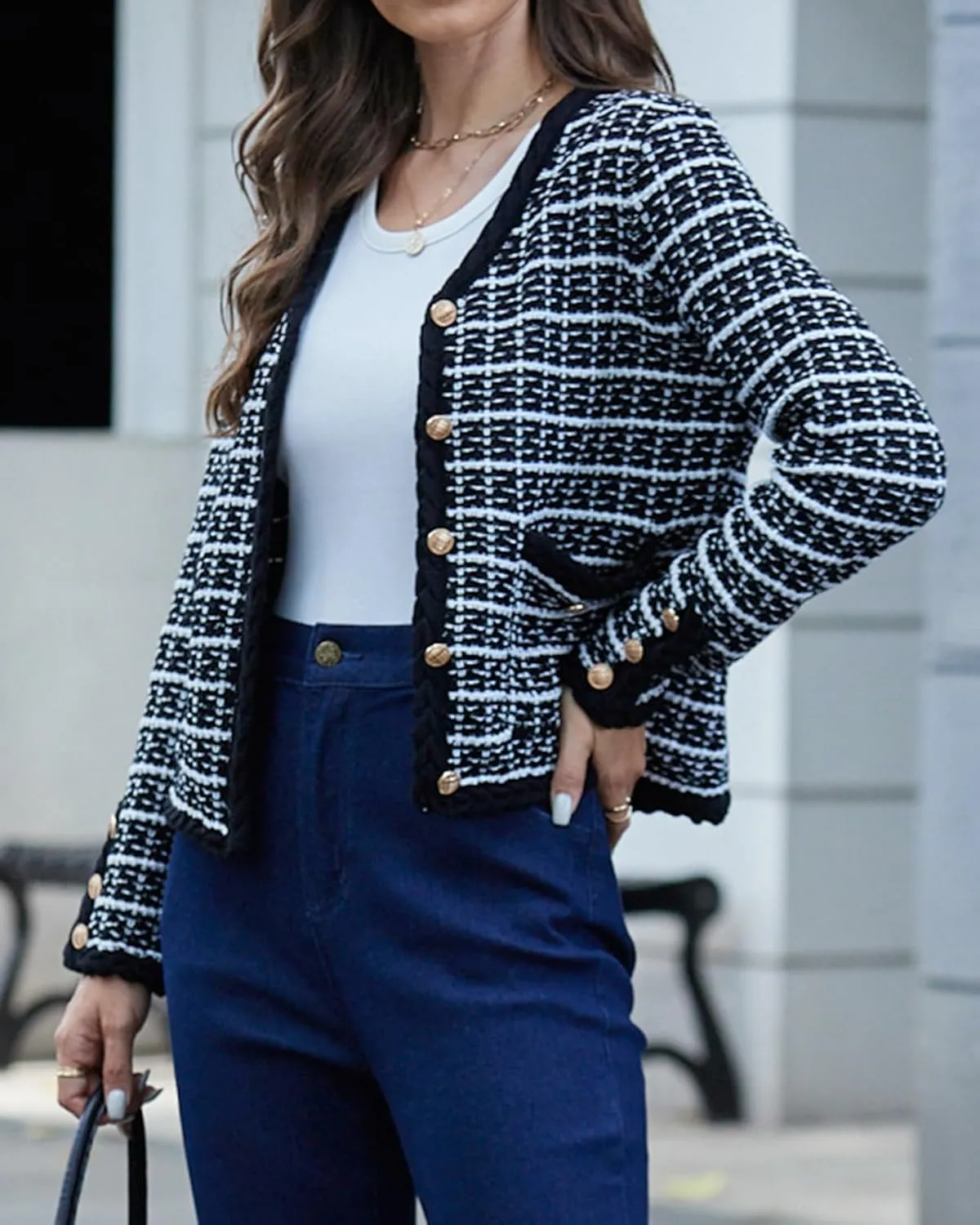 Belle Poque Women Cardigan Sweaters Tweed Pattern Jacket V Neck Sweater Blazer with Button for Fall Winter Spring