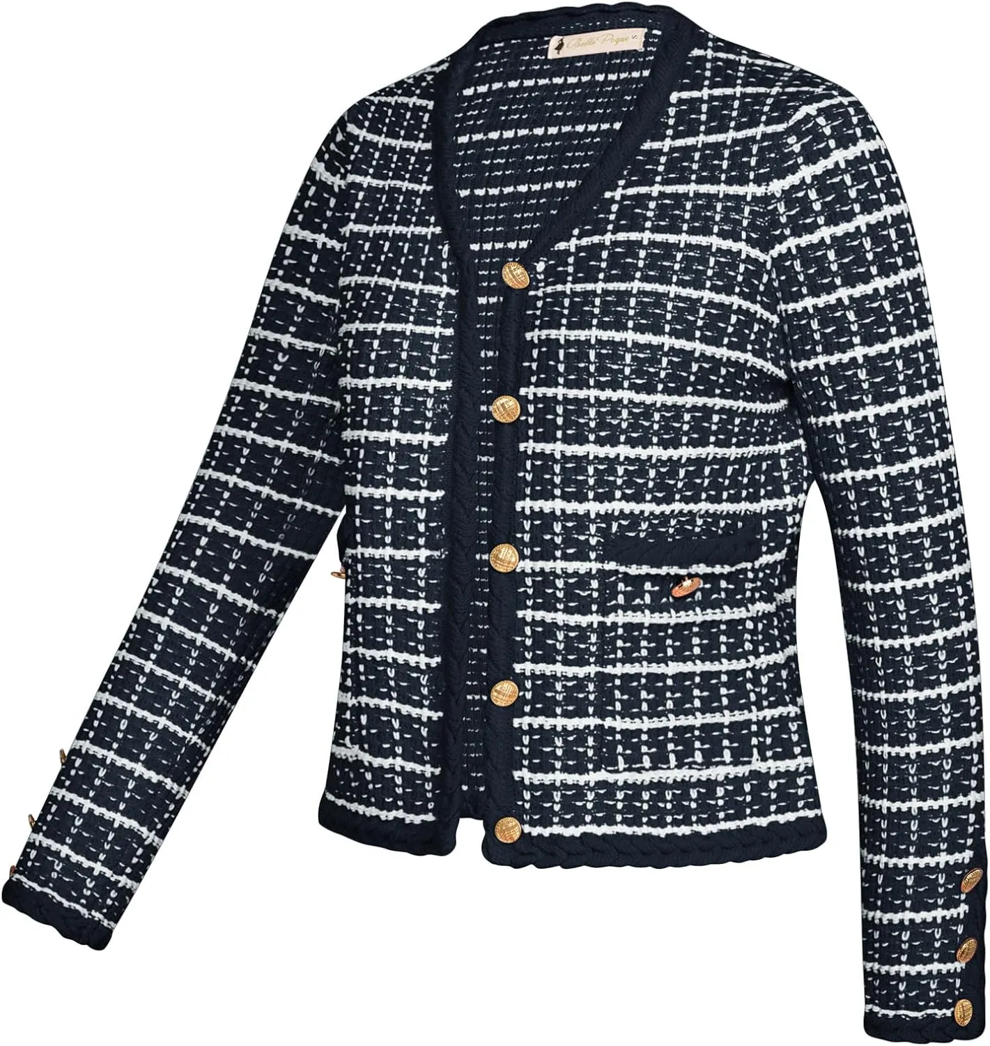 Belle Poque Women Cardigan Sweaters Tweed Pattern Jacket V Neck Sweater Blazer with Button for Fall Winter Spring