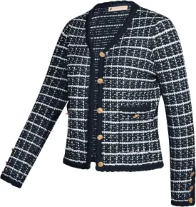 Belle Poque Women Cardigan Sweaters Tweed Pattern Jacket V Neck Sweater Blazer with Button for Fall Winter Spring