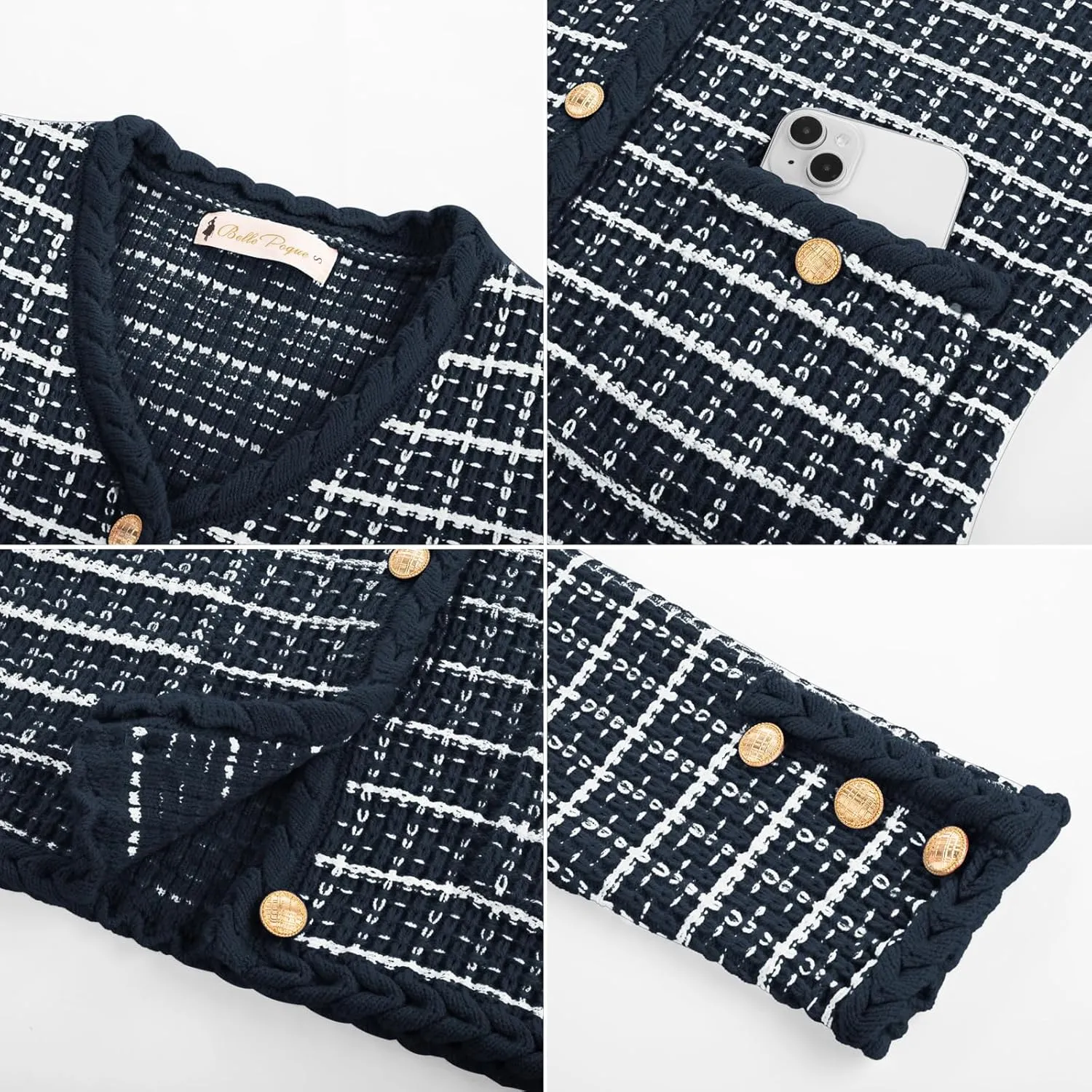 Belle Poque Women Cardigan Sweaters Tweed Pattern Jacket V Neck Sweater Blazer with Button for Fall Winter Spring