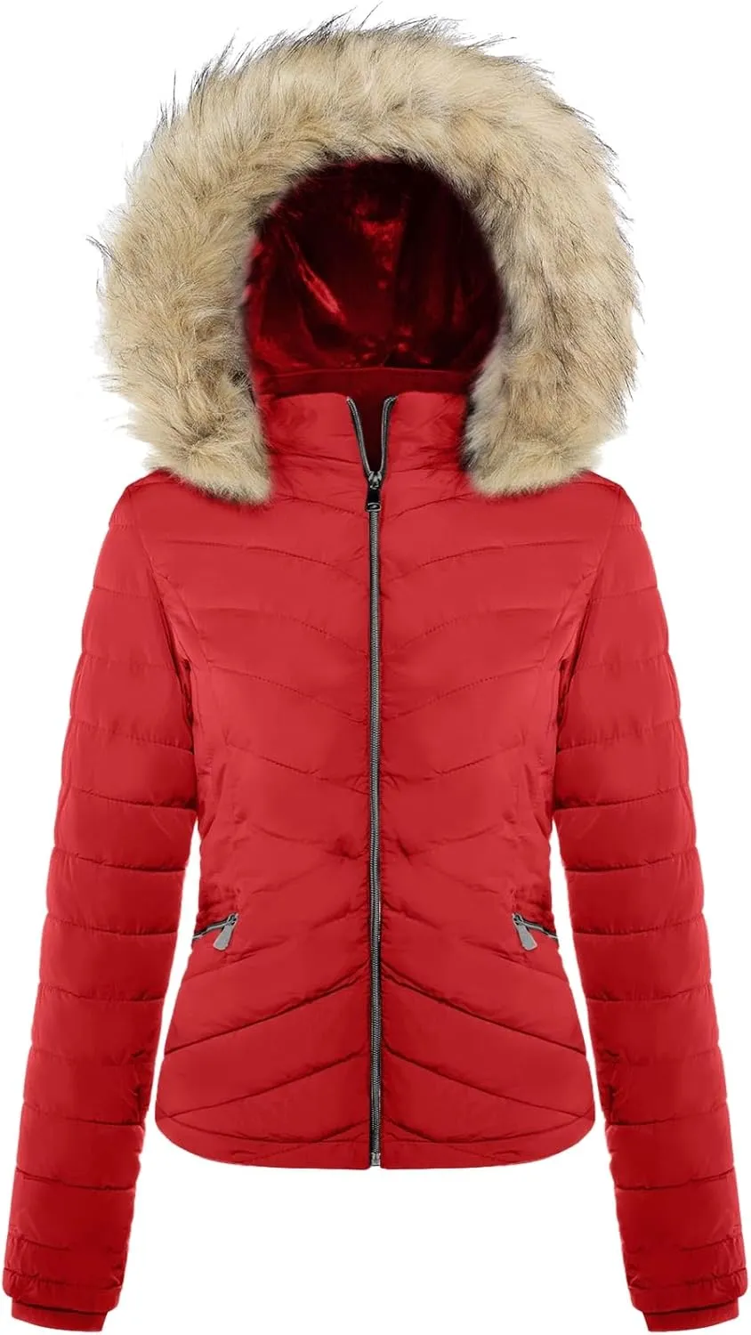 BodiLove Women's Warm Winter Quilted Puffer Short Coat High Collar Jacket with Removable Faux Fur Hood