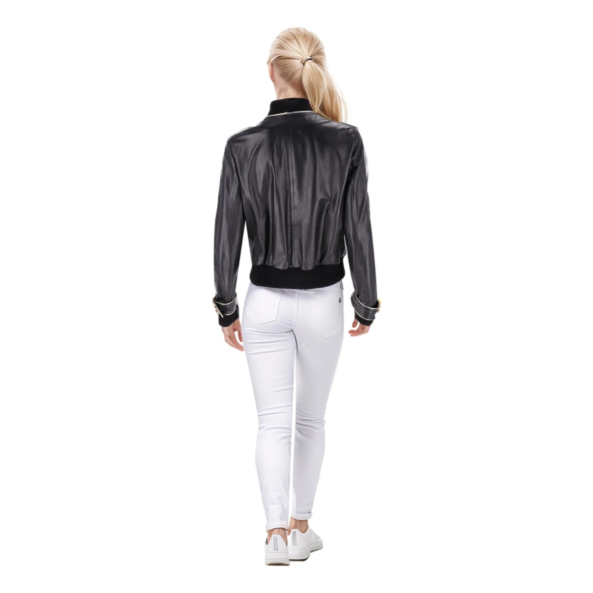 Chanel Leather Bomber Jacket With Pearl Buttons. Size 42IT