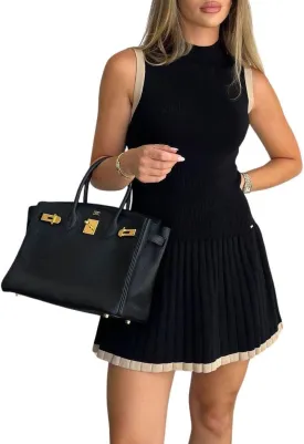 chouyatou Women's Pleated Hem Bodycon Sweater Tank Dress Contrast Striped Ribbed Knit Sweater Mini Dress