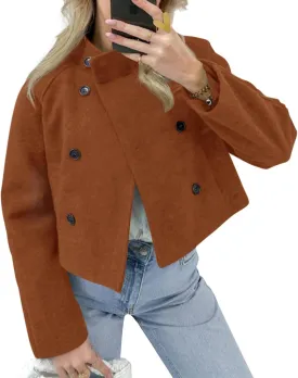Cicy Bell Womens Cropped Pea Coat Casual Double Breasted Stand Collar Long Sleeve Fall Short Jackets Outwear