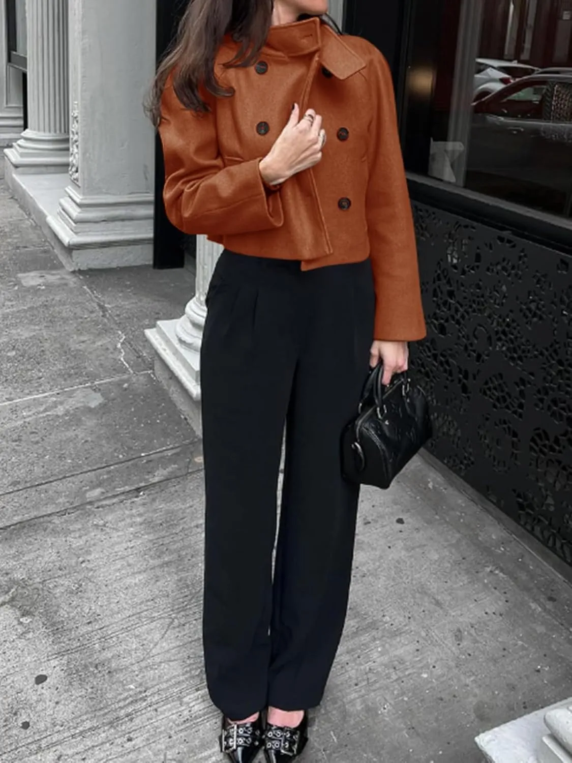 Cicy Bell Womens Cropped Pea Coat Casual Double Breasted Stand Collar Long Sleeve Fall Short Jackets Outwear