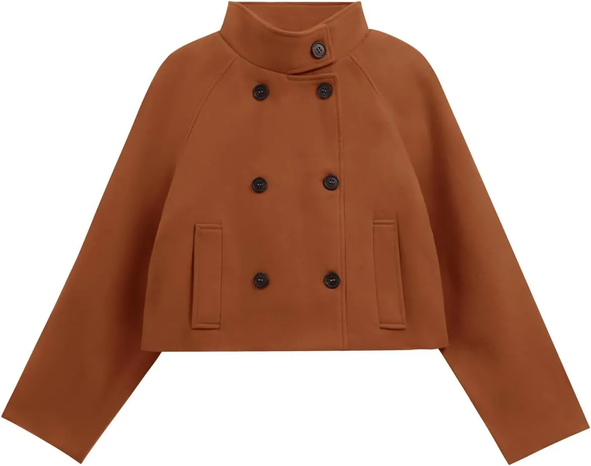 Cicy Bell Womens Cropped Pea Coat Casual Double Breasted Stand Collar Long Sleeve Fall Short Jackets Outwear