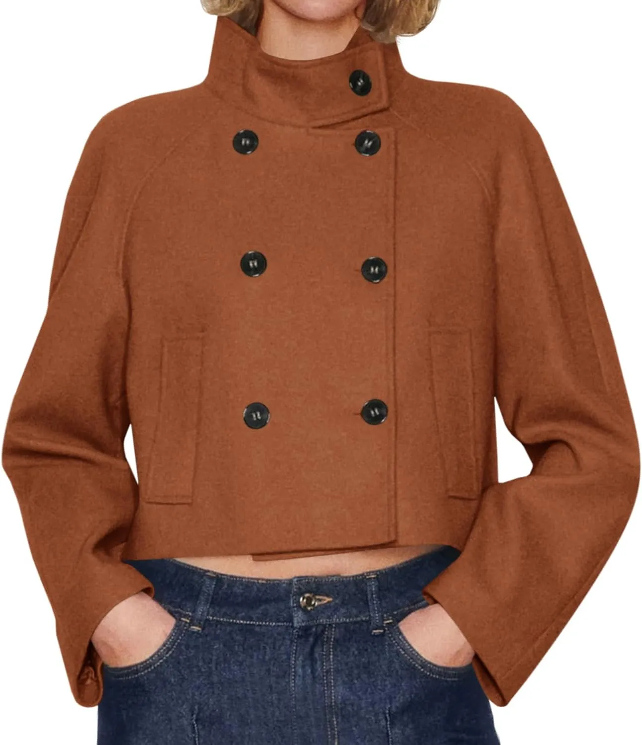 Cicy Bell Womens Cropped Pea Coat Casual Double Breasted Stand Collar Long Sleeve Fall Short Jackets Outwear