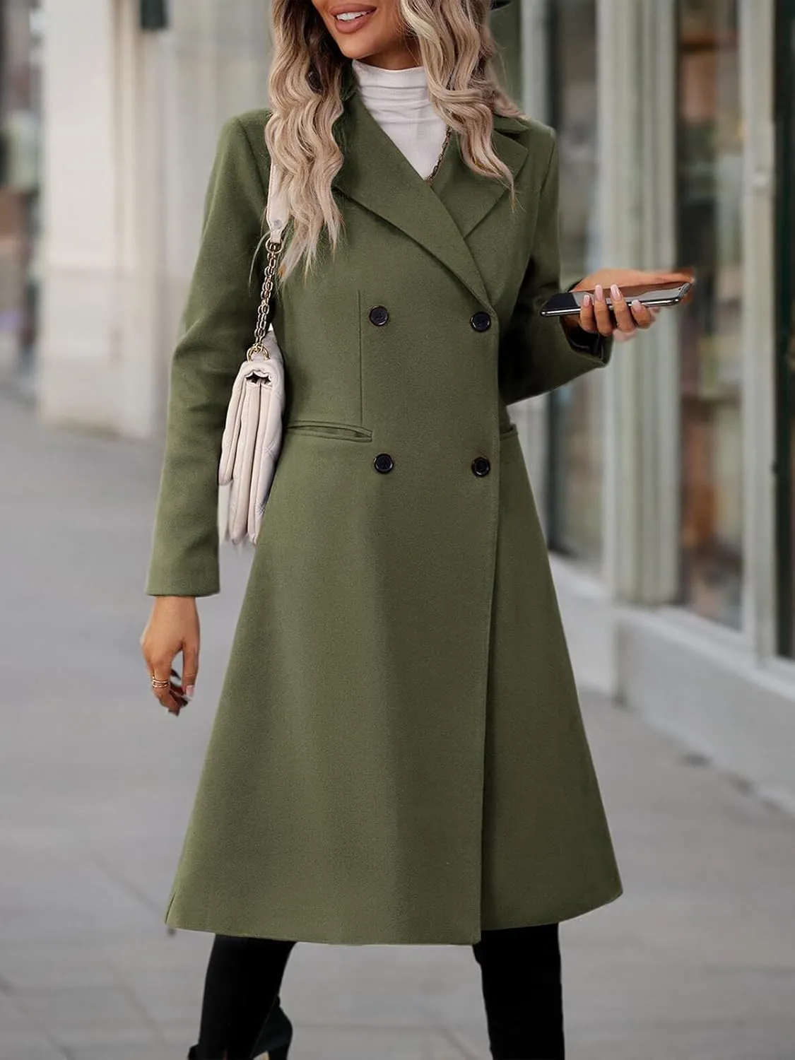 Danedvi Womens Long Double Breasted Coats Lapel Collar Pea Coat Winter Slim Fit Jackets Trench Coat Outwear