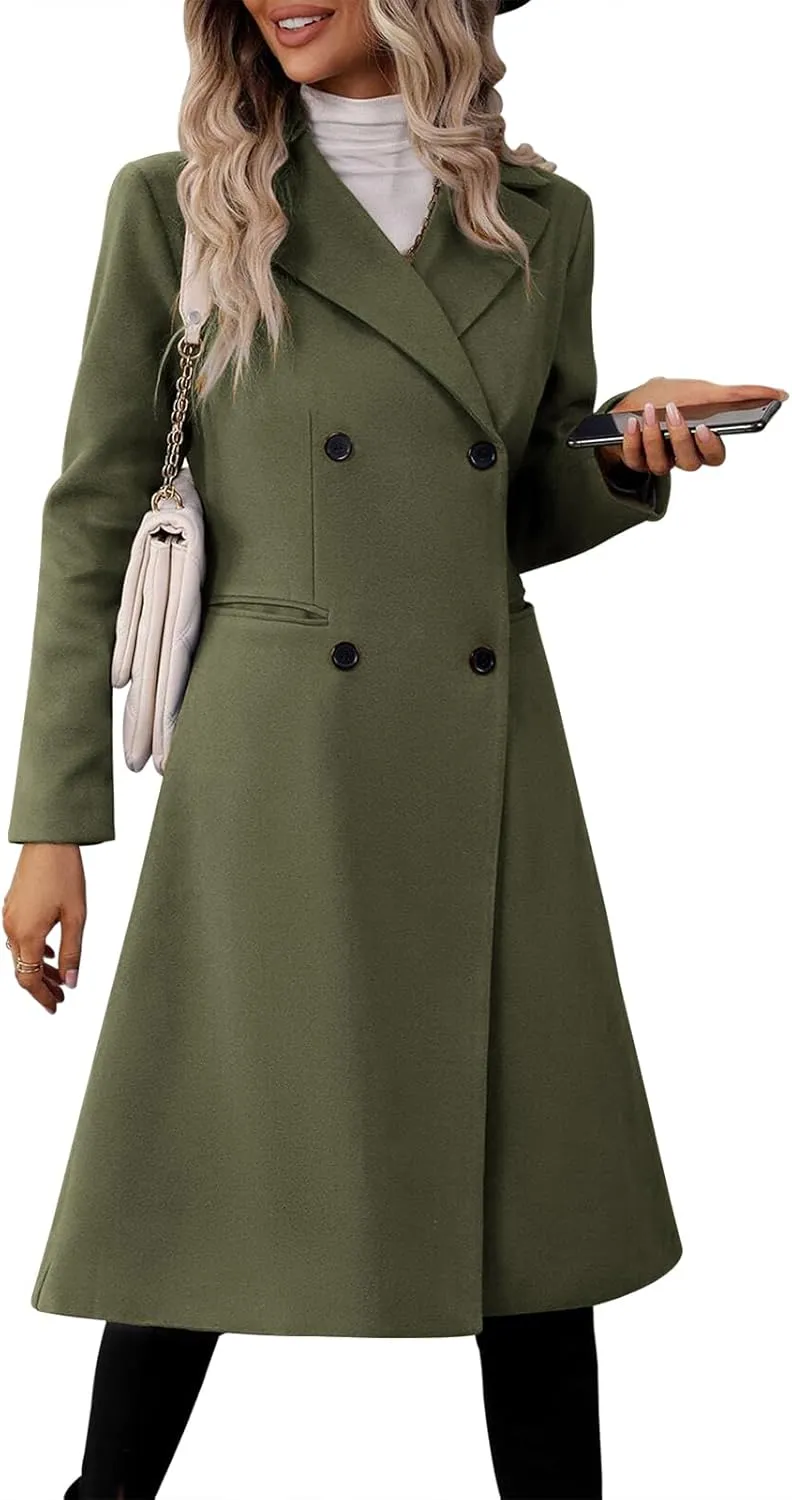Danedvi Womens Long Double Breasted Coats Lapel Collar Pea Coat Winter Slim Fit Jackets Trench Coat Outwear
