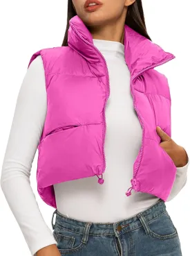 ELLEVEN Women's Cropped Puffer Vest with Pockets, High Stand Collar Crop Outerwear Lightweight Padded Gilet