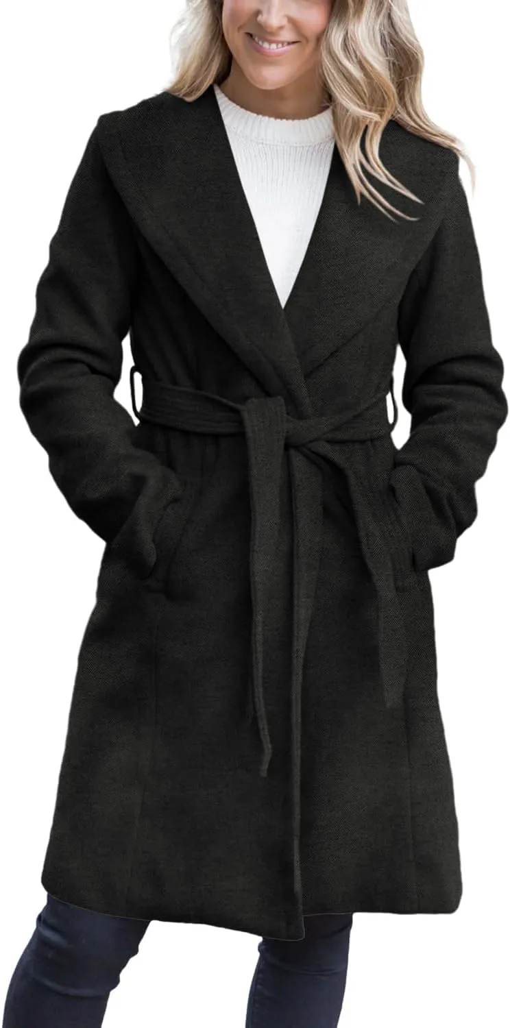 Fazortev Women's Winter Pea Coat Big Lapel Open Front Long Jackets Belted With Pockets