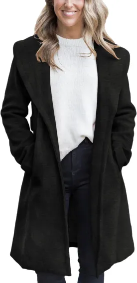 Fazortev Women's Winter Pea Coat Big Lapel Open Front Long Jackets Belted With Pockets