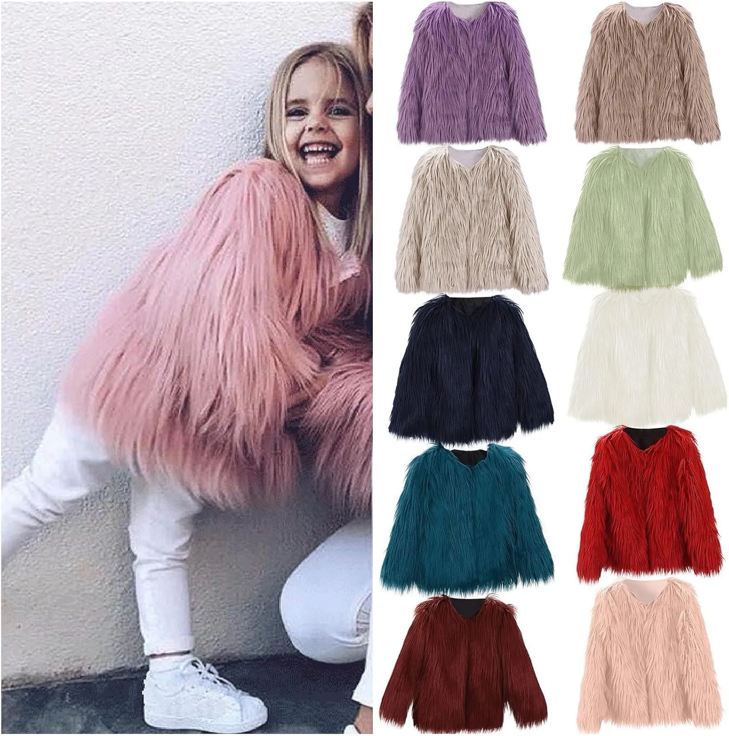 Girls Faux-Fur Jacket Coat Winter Snowday Thick Warm Fashion Cool Clothes 2-10 Years