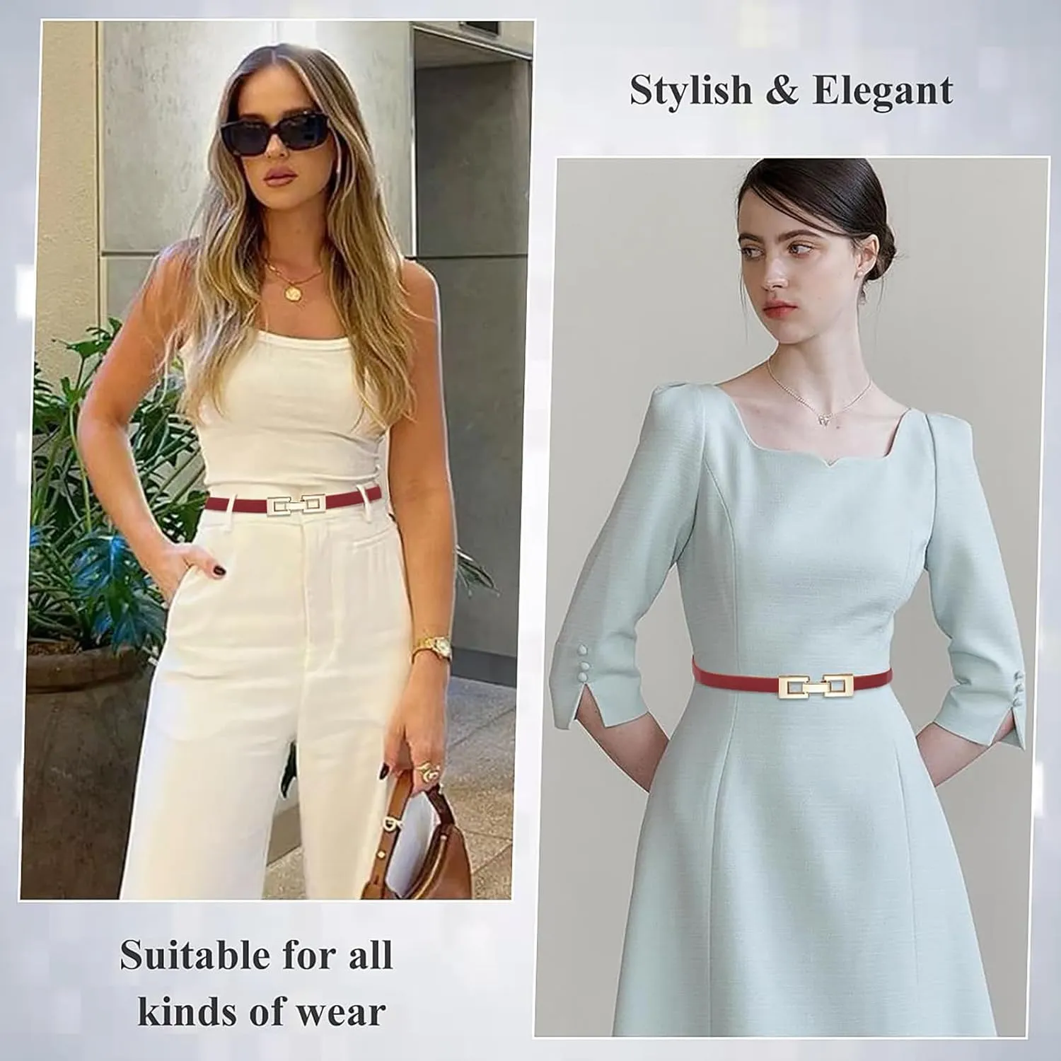 Glamorstar Skinny Belts for Women Thin PU Leather Waist Belt with Gold Buckle for Dresses