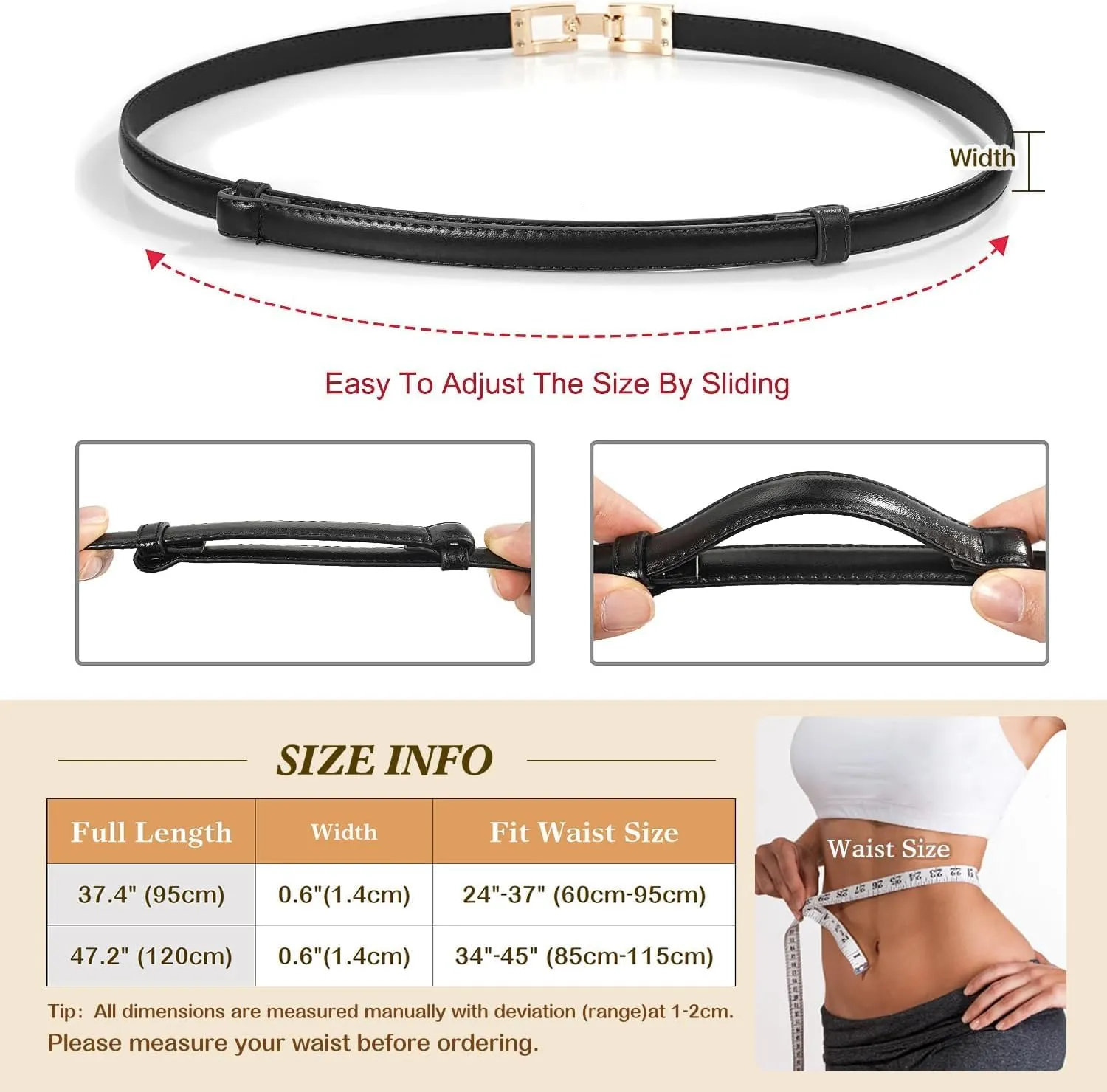 Glamorstar Skinny Belts for Women Thin PU Leather Waist Belt with Gold Buckle for Dresses