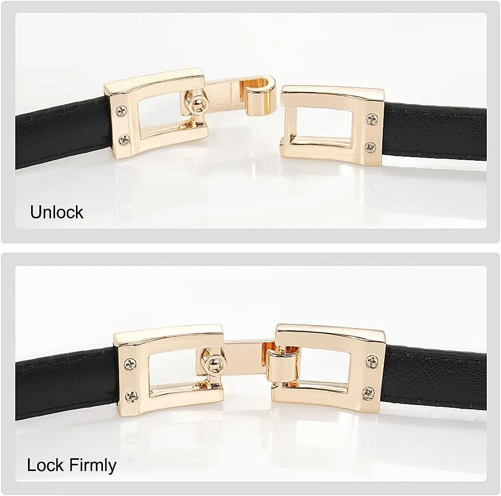 Glamorstar Skinny Belts for Women Thin PU Leather Waist Belt with Gold Buckle for Dresses