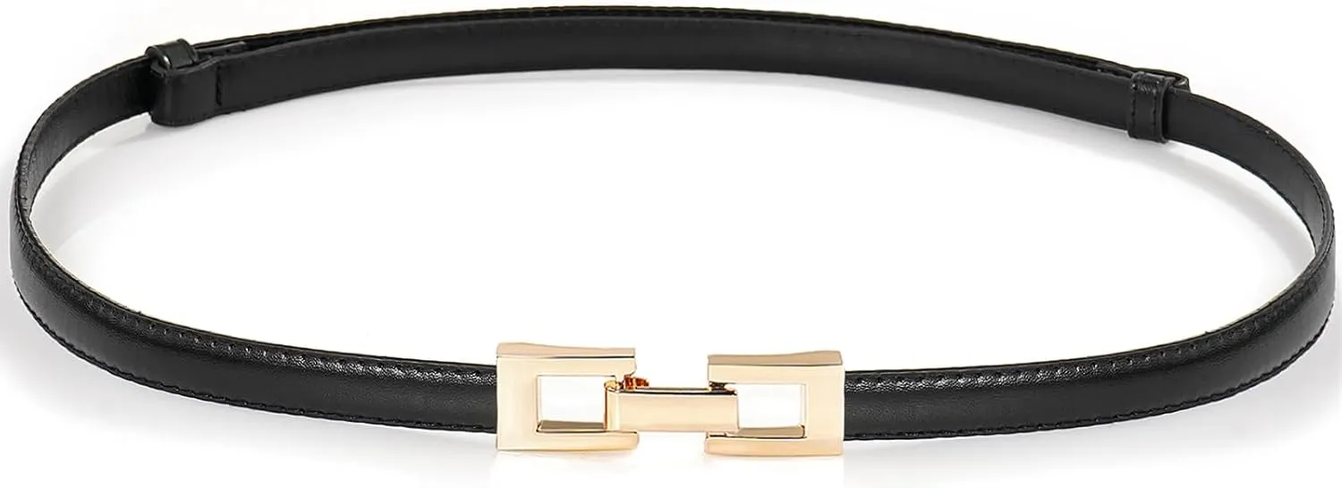 Glamorstar Skinny Belts for Women Thin PU Leather Waist Belt with Gold Buckle for Dresses