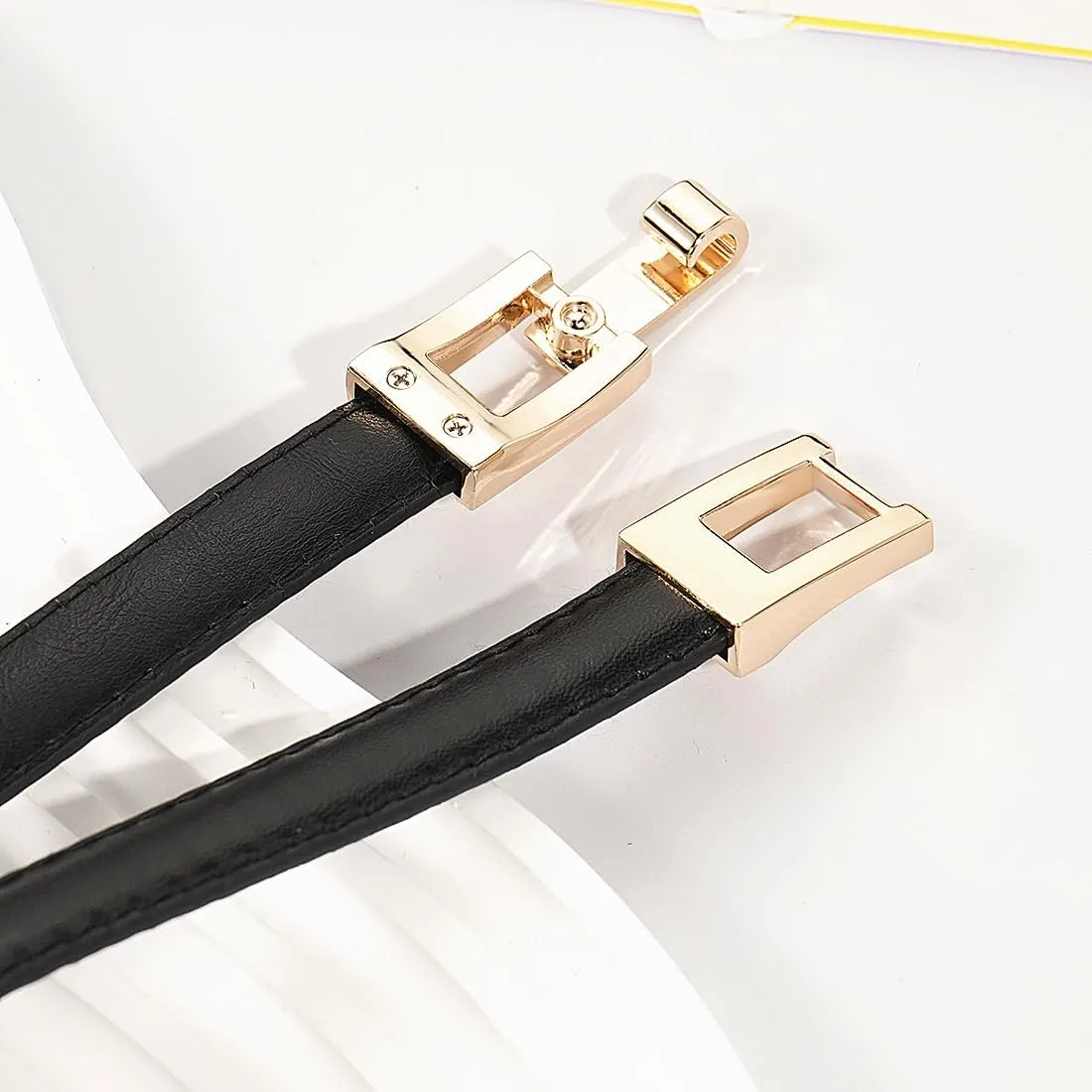 Glamorstar Skinny Belts for Women Thin PU Leather Waist Belt with Gold Buckle for Dresses
