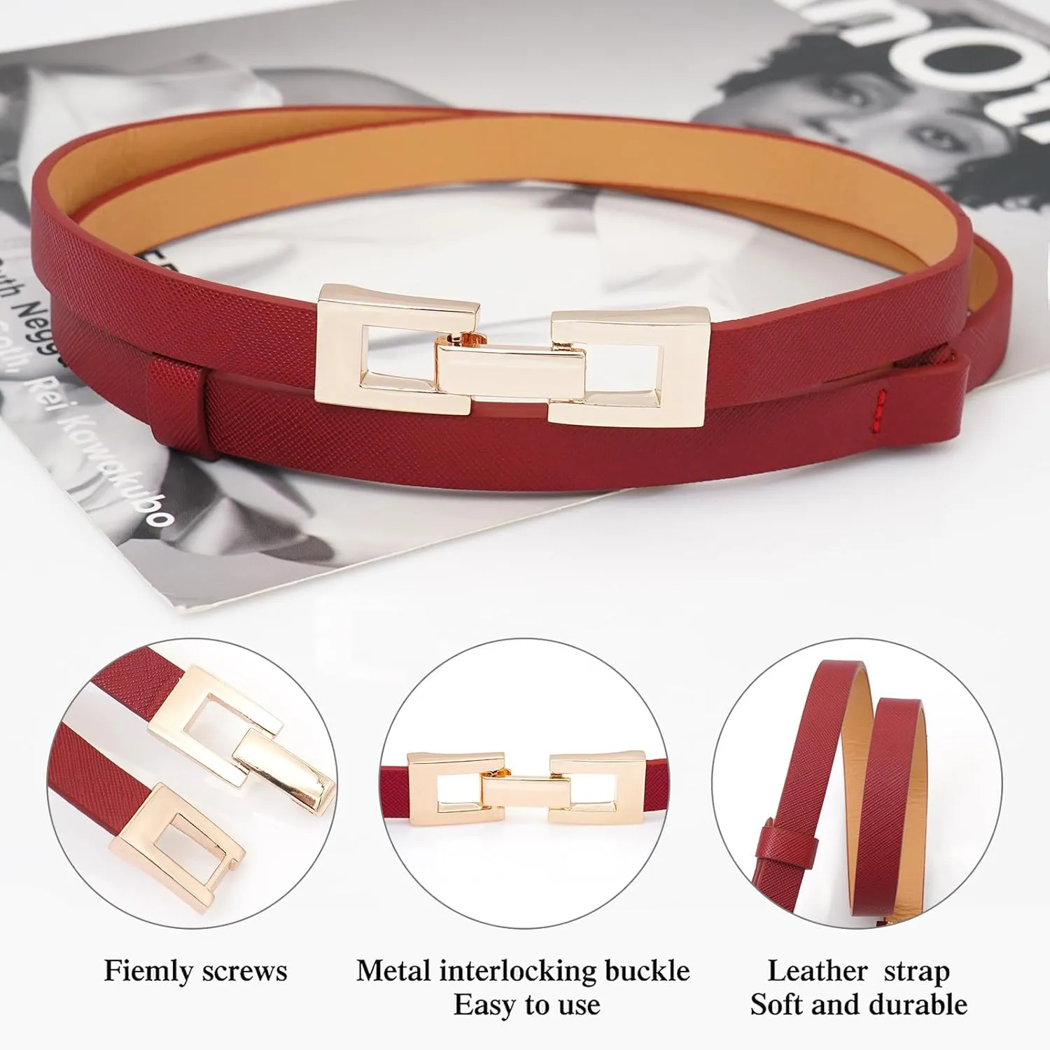 Glamorstar Skinny Belts for Women Thin PU Leather Waist Belt with Gold Buckle for Dresses