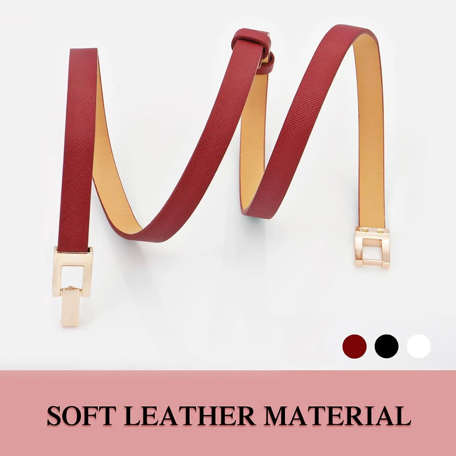 Glamorstar Skinny Belts for Women Thin PU Leather Waist Belt with Gold Buckle for Dresses