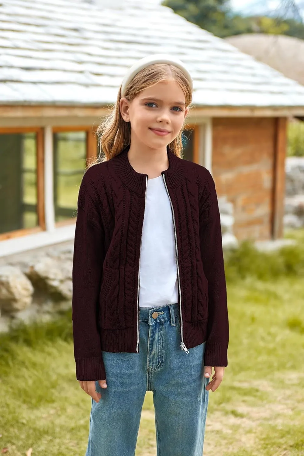 GRACE KARIN Girls Knit Cardigan Sweater Zip Long Sleeve Kids School Uniform Fall Jacket Size 6-14