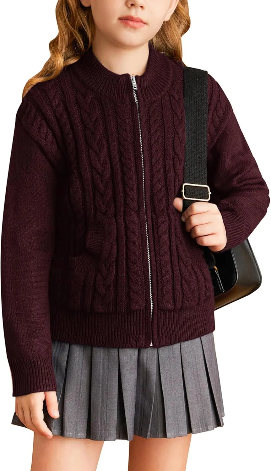GRACE KARIN Girls Knit Cardigan Sweater Zip Long Sleeve Kids School Uniform Fall Jacket Size 6-14