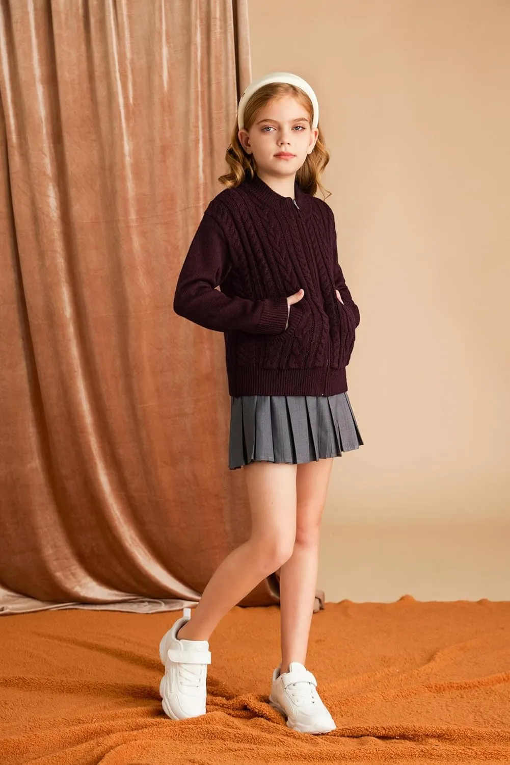 GRACE KARIN Girls Knit Cardigan Sweater Zip Long Sleeve Kids School Uniform Fall Jacket Size 6-14