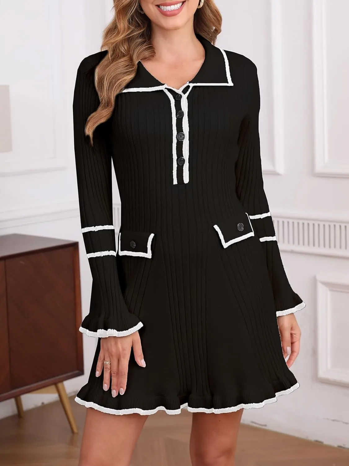 Ladyful Women's Sweater Mini Dress Long Sleeve Sexy Bodycon Button Front V-Neck Knit Pullover Dress