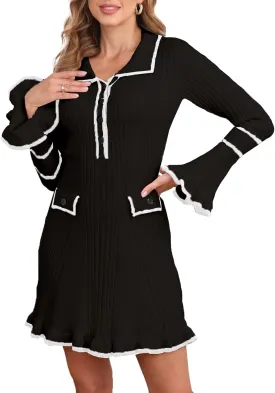 Ladyful Women's Sweater Mini Dress Long Sleeve Sexy Bodycon Button Front V-Neck Knit Pullover Dress