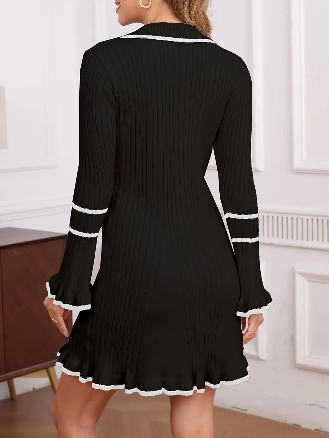 Ladyful Women's Sweater Mini Dress Long Sleeve Sexy Bodycon Button Front V-Neck Knit Pullover Dress