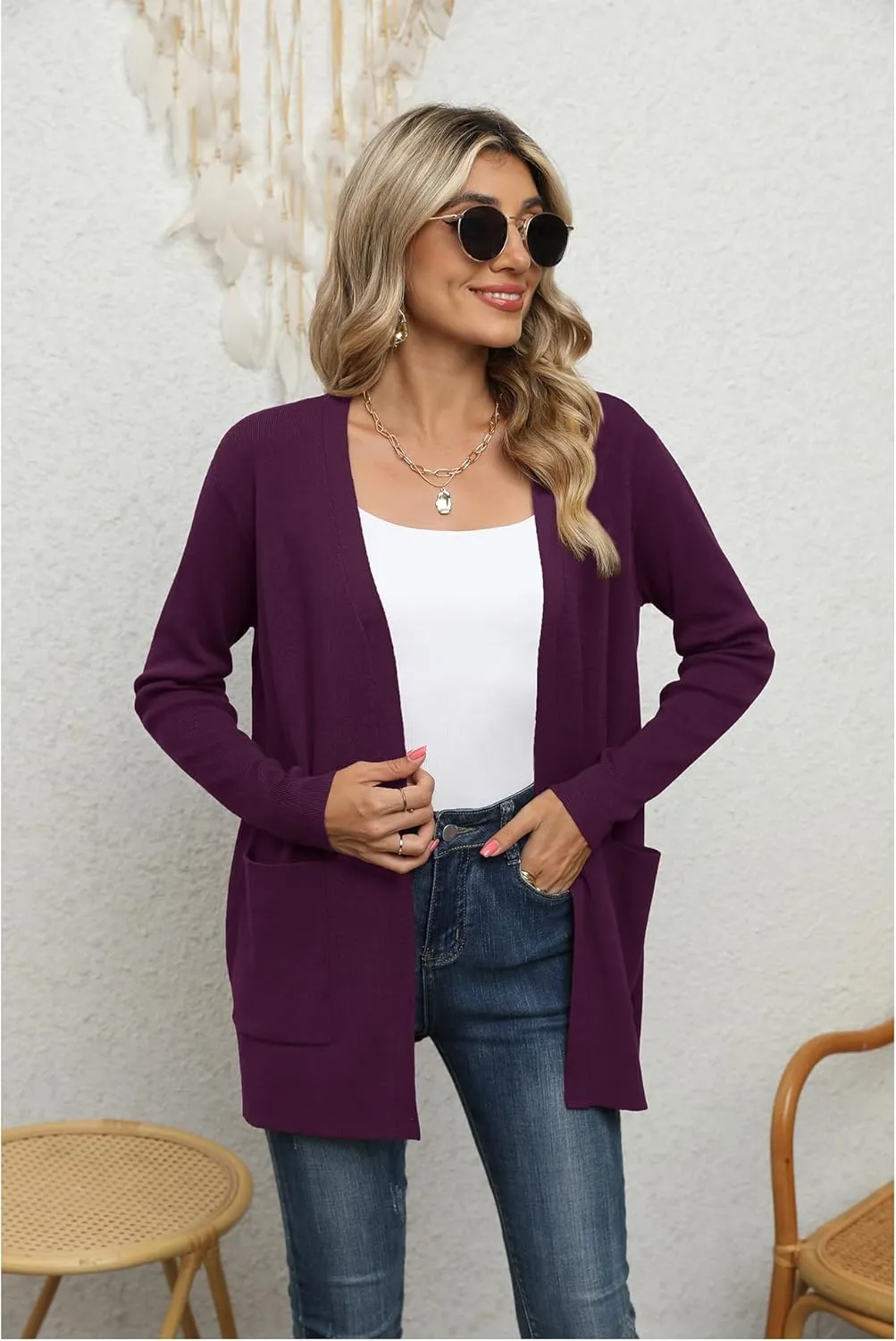 LILBETTER Womens Casual Lightweight Long Sleeve Open Front Cardigan Sweaters with Pockets