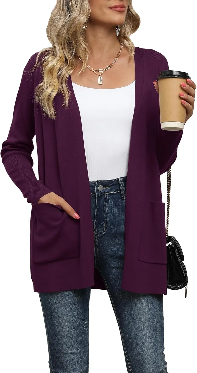 LILBETTER Womens Casual Lightweight Long Sleeve Open Front Cardigan Sweaters with Pockets