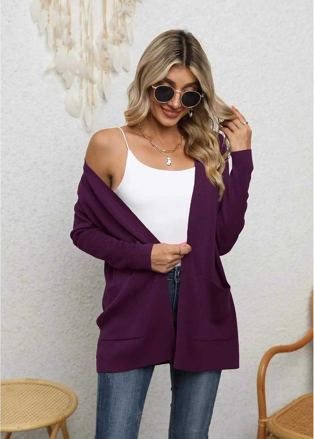 LILBETTER Womens Casual Lightweight Long Sleeve Open Front Cardigan Sweaters with Pockets