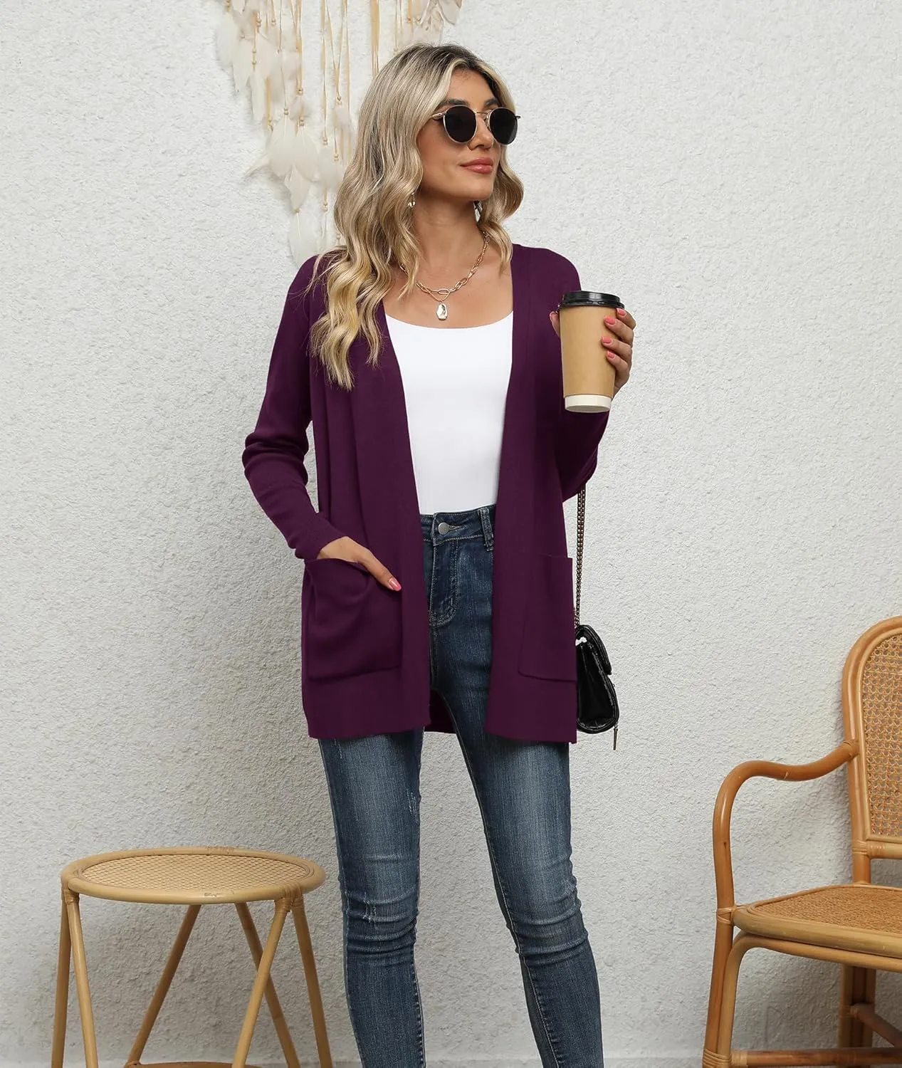 LILBETTER Womens Casual Lightweight Long Sleeve Open Front Cardigan Sweaters with Pockets