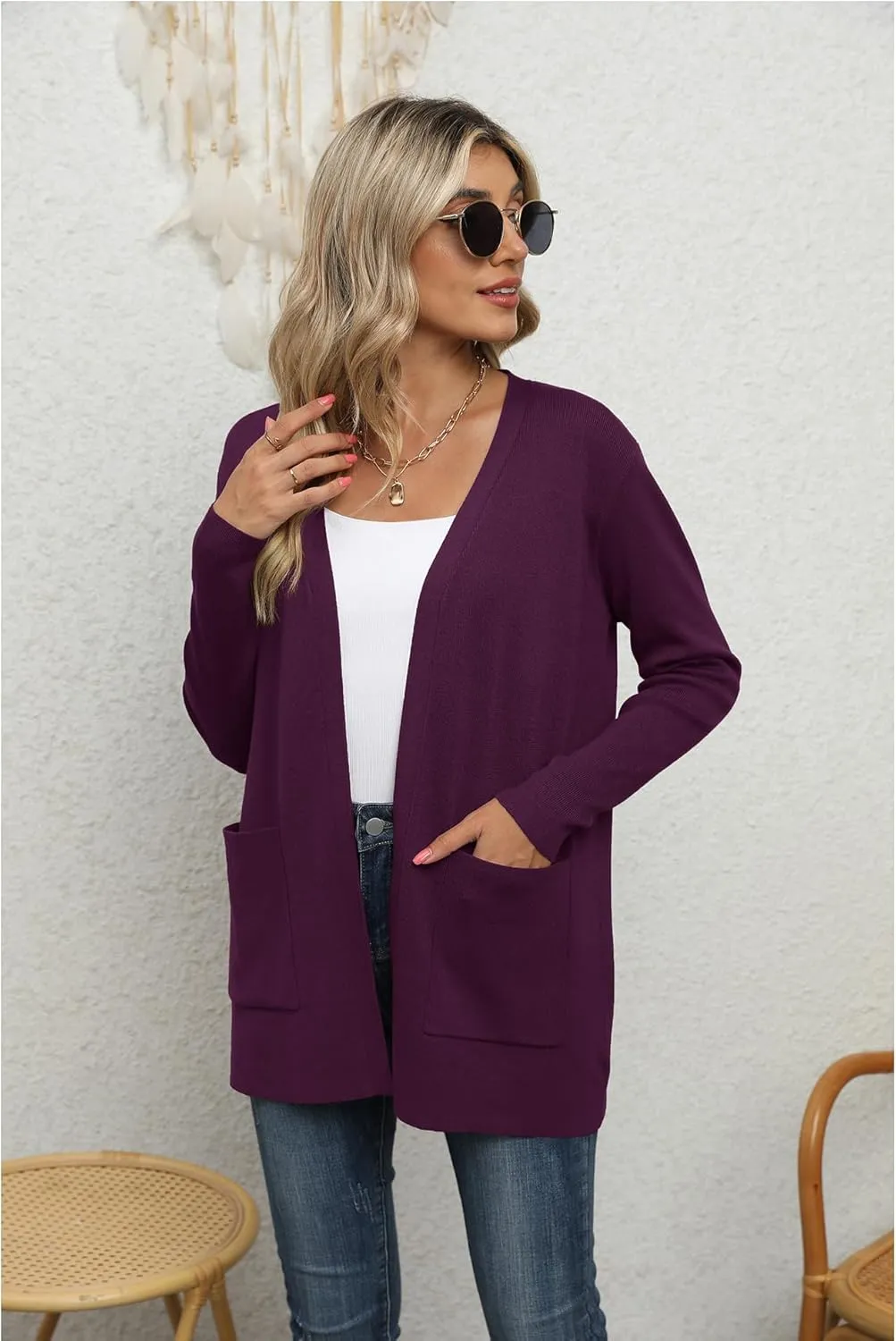 LILBETTER Womens Casual Lightweight Long Sleeve Open Front Cardigan Sweaters with Pockets