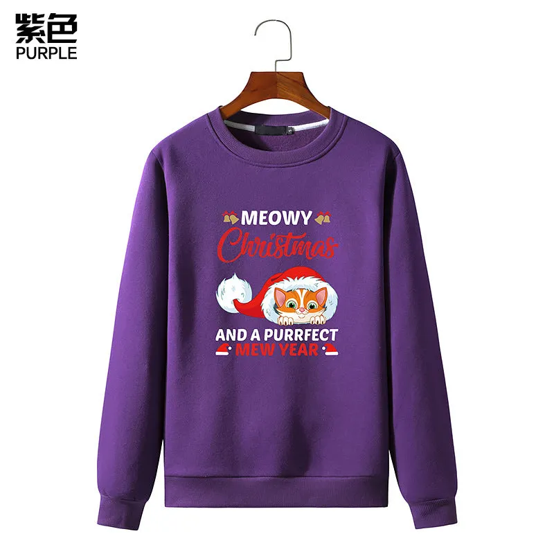 Men's Christmas Cat Print Round Neck Long Sleeve Sweatshirt