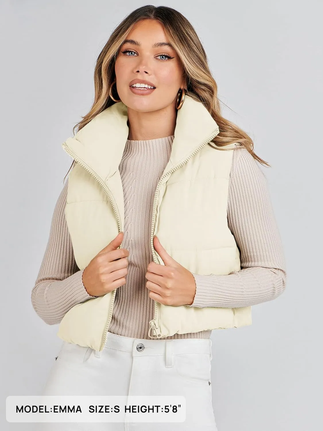 MEROKEETY Women's Crop Puffer Vest Lightweight Stand Collar Sleeveless Zip Up Padded Gilet Coat