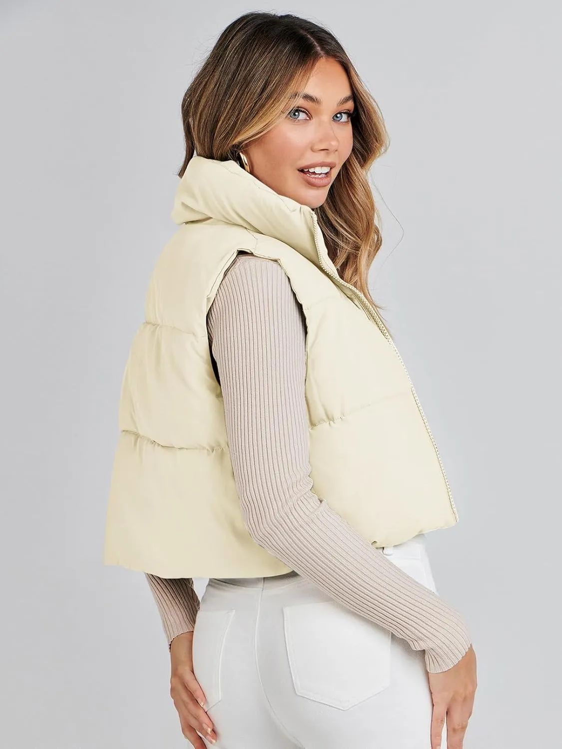 MEROKEETY Women's Crop Puffer Vest Lightweight Stand Collar Sleeveless Zip Up Padded Gilet Coat