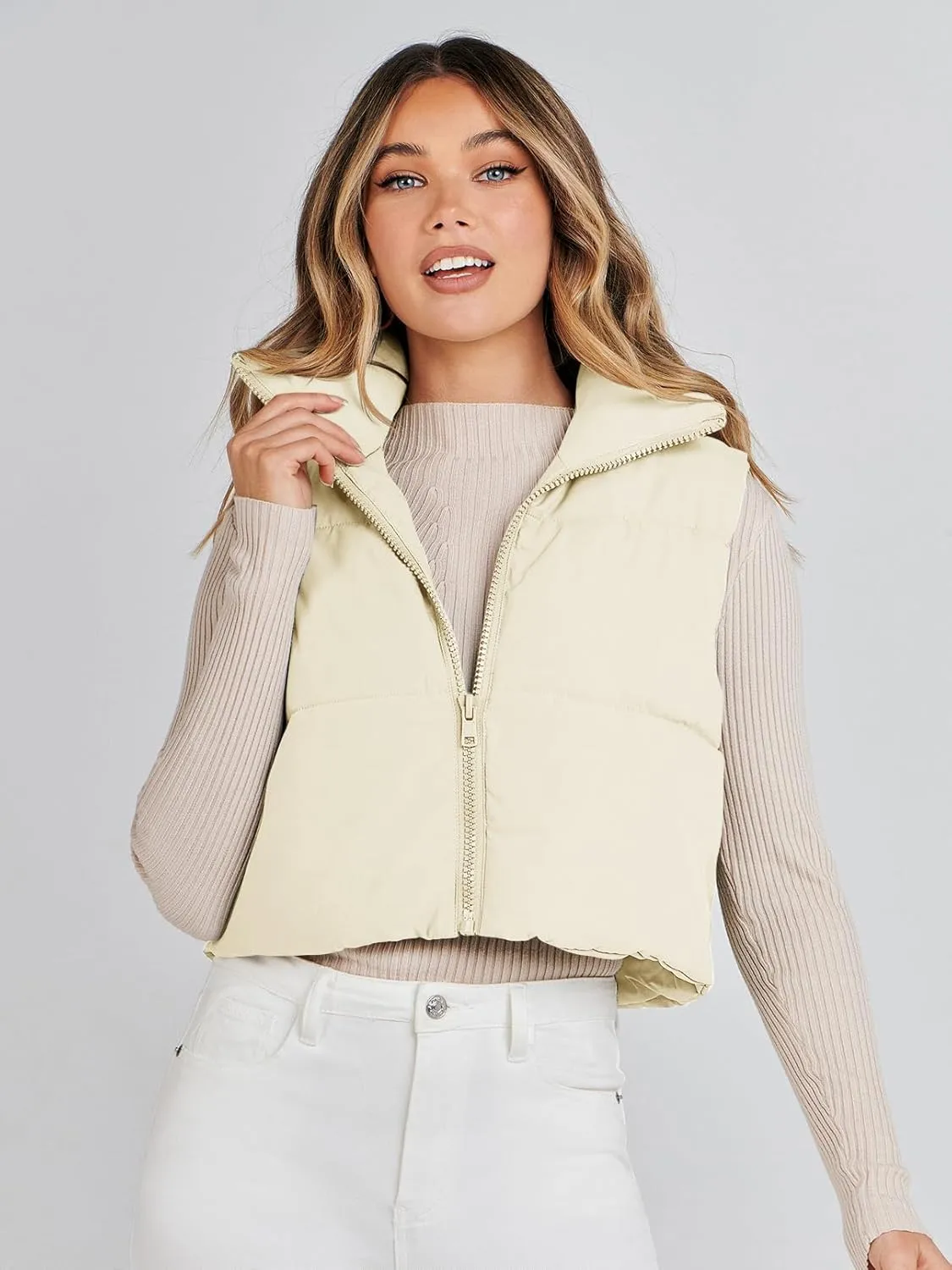 MEROKEETY Women's Crop Puffer Vest Lightweight Stand Collar Sleeveless Zip Up Padded Gilet Coat