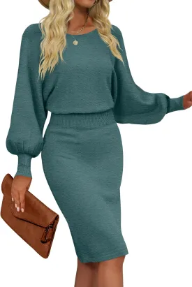 MIROL Women's Casual 2025 Long Puff Sleeve Solid Bodycon Midi Dress Ribbed Knit Oversized Pullover Sweater Dress