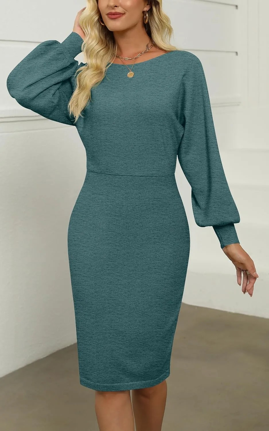 MIROL Women's Casual 2025 Long Puff Sleeve Solid Bodycon Midi Dress Ribbed Knit Oversized Pullover Sweater Dress