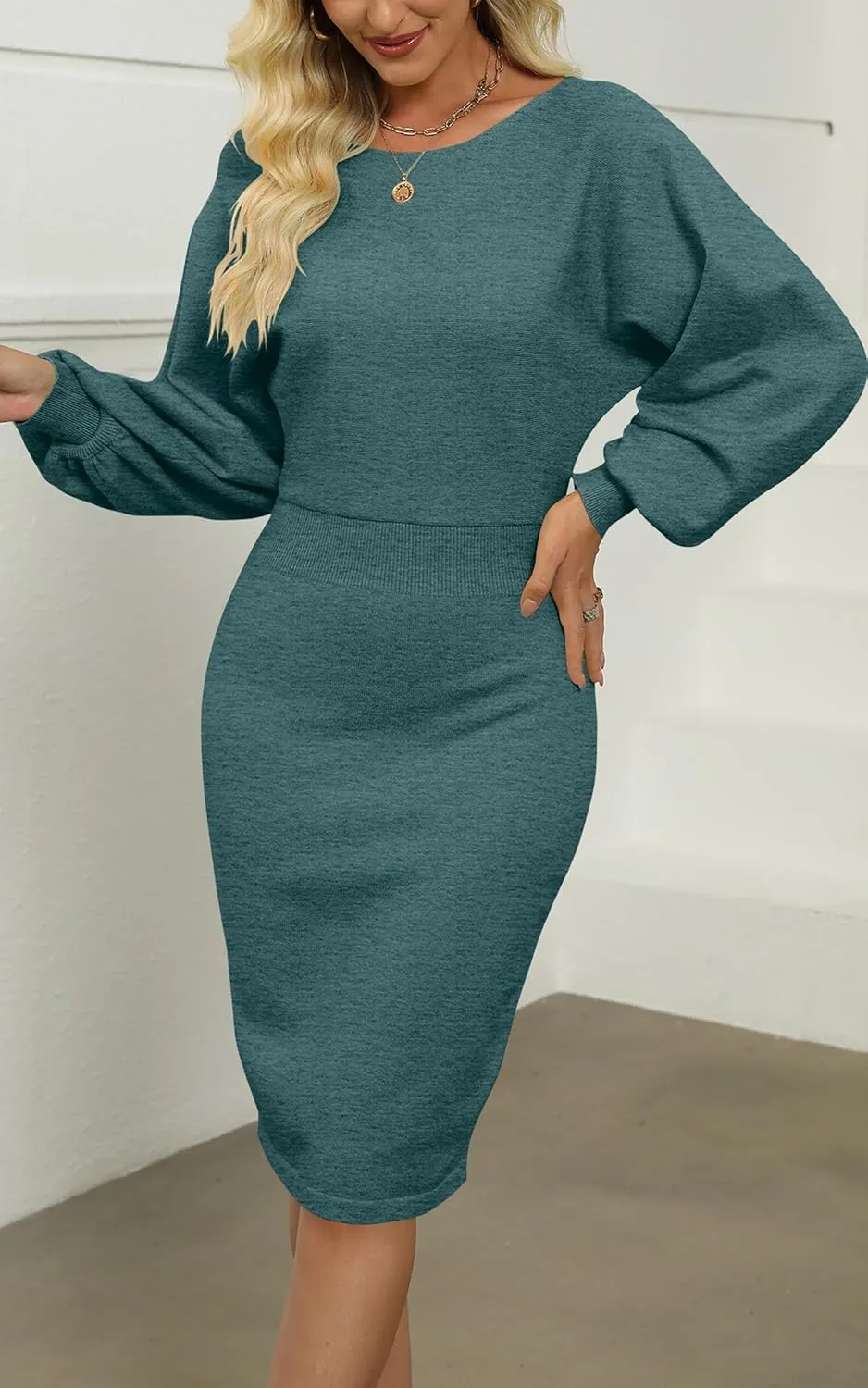 MIROL Women's Casual 2025 Long Puff Sleeve Solid Bodycon Midi Dress Ribbed Knit Oversized Pullover Sweater Dress