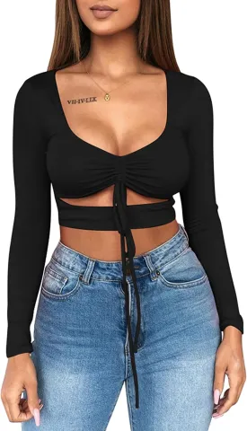 Mizoci Women's Sexy Ruched Tie Up Crop Top Basic Long Sleeve Cut Out T Shirt