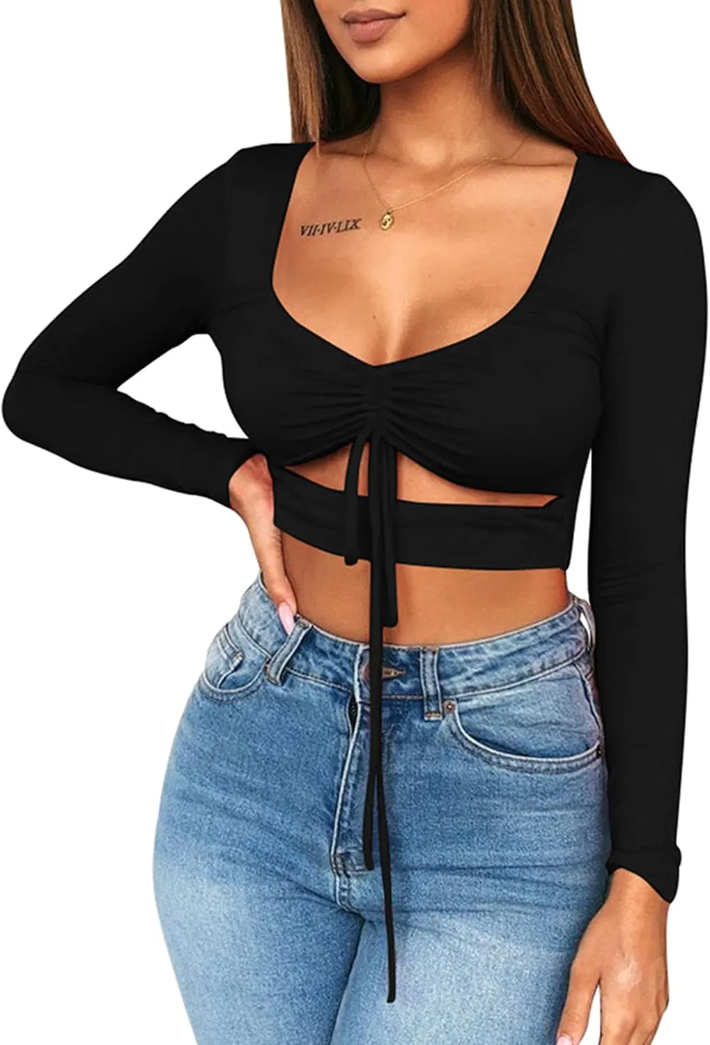 Mizoci Women's Sexy Ruched Tie Up Crop Top Basic Long Sleeve Cut Out T Shirt