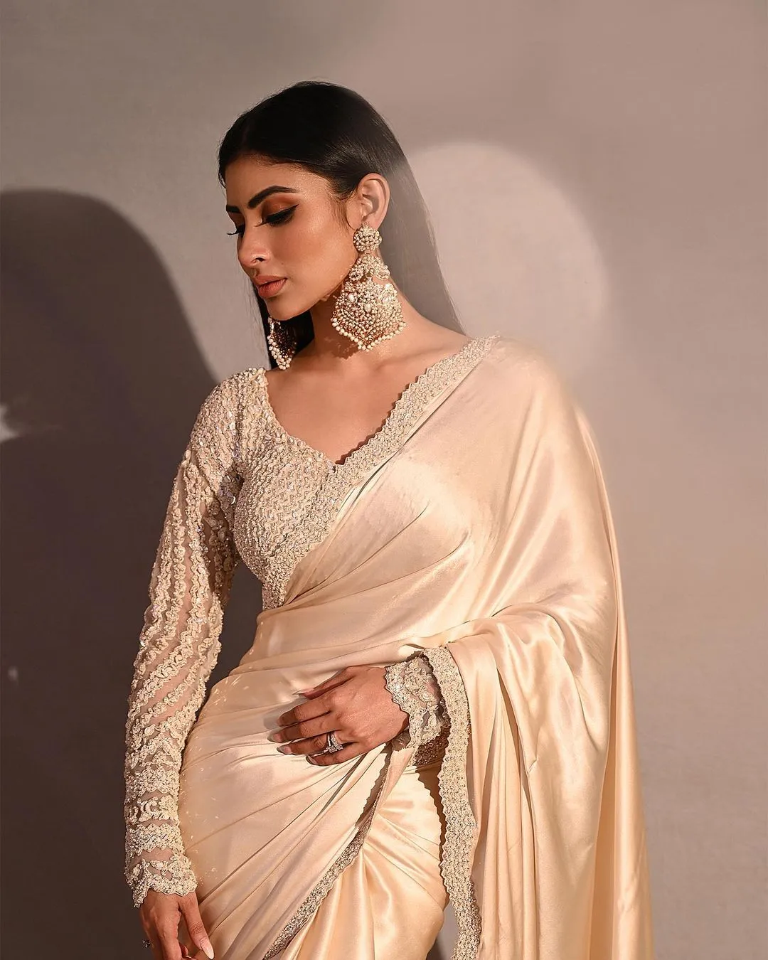Mouni Roy IN Cream Satin Saree