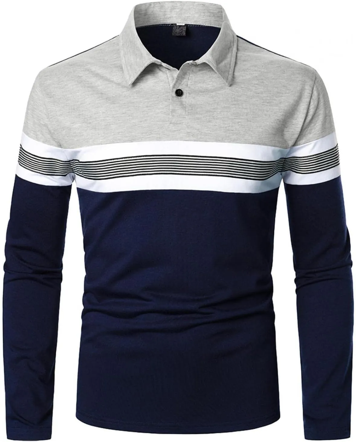 Plaid Stitching Polo Shirt for Men Casual Long Sleeve Fashion Zipper Golf Blouse Turn Down Collar Slim Fit Tops