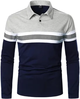 Plaid Stitching Polo Shirt for Men Casual Long Sleeve Fashion Zipper Golf Blouse Turn Down Collar Slim Fit Tops