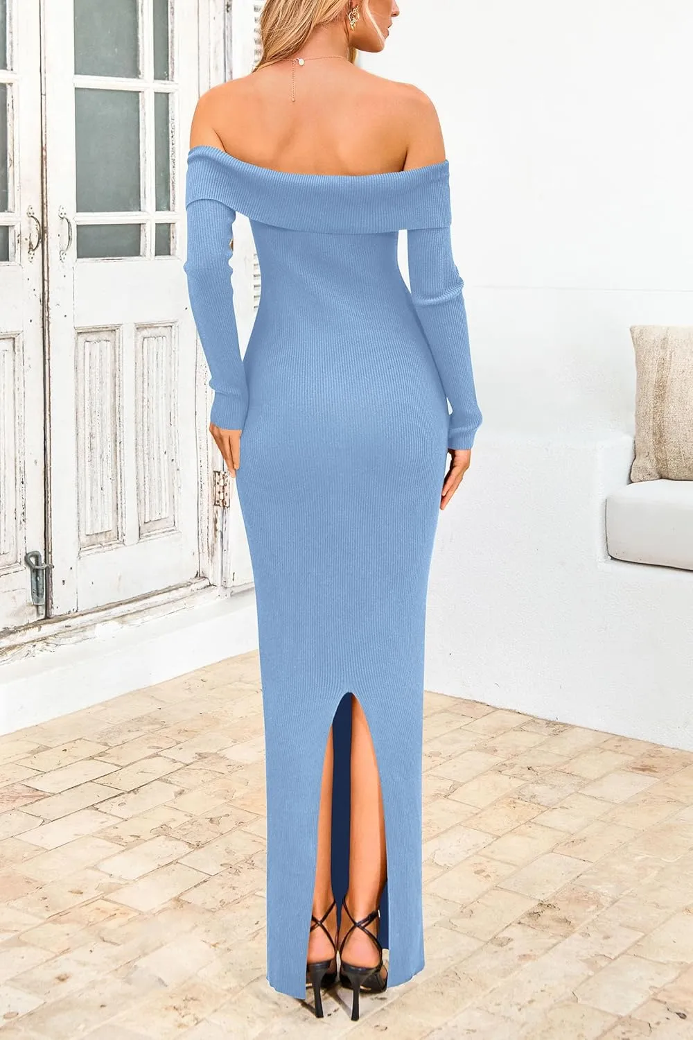 PRETTYGARDEN Women's Winter Sweater Dress Long Sleeve Off Shoulder Slit Maxi Bodycon Cocktail Party Dresses